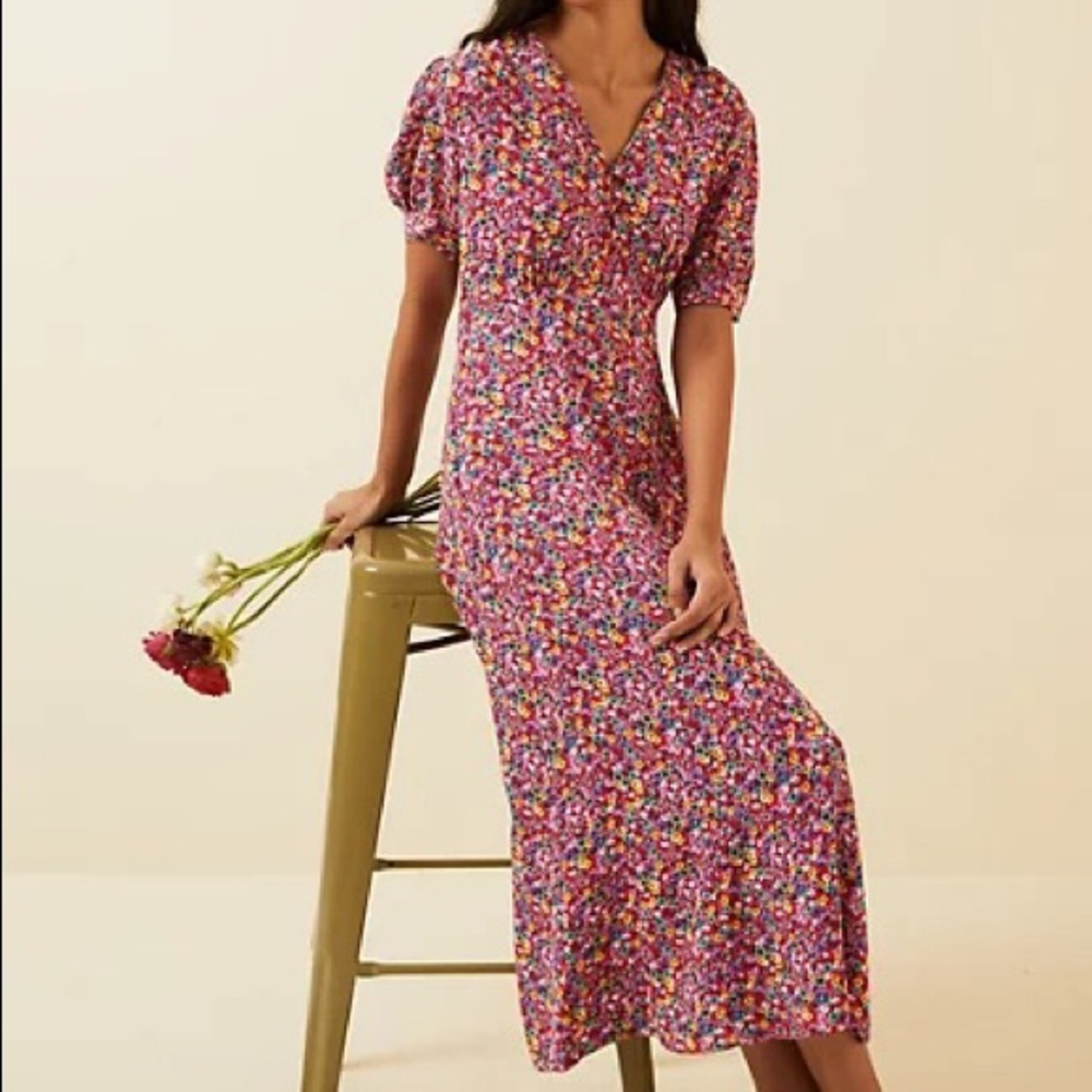 M&S X Ghost Floral V-Neck Puff Sleeve Midi Tea Dress NWT